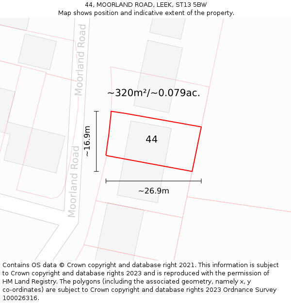 44, MOORLAND ROAD, LEEK, ST13 5BW: Plot and title map