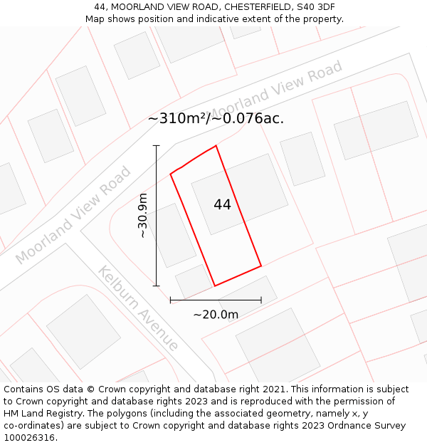 44, MOORLAND VIEW ROAD, CHESTERFIELD, S40 3DF: Plot and title map