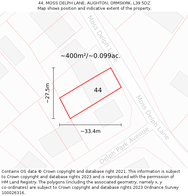 44, MOSS DELPH LANE, AUGHTON, ORMSKIRK, L39 5DZ: Plot and title map