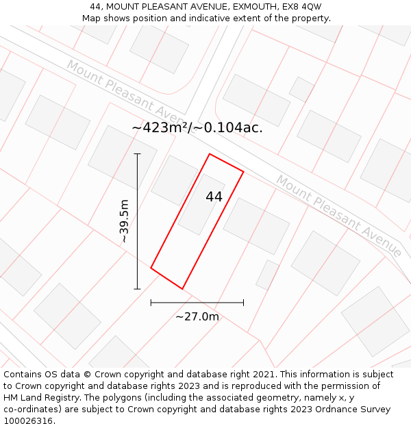 44, MOUNT PLEASANT AVENUE, EXMOUTH, EX8 4QW: Plot and title map