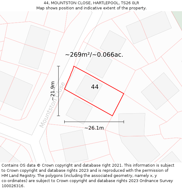 44, MOUNTSTON CLOSE, HARTLEPOOL, TS26 0LR: Plot and title map