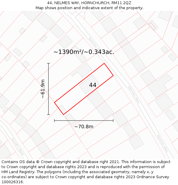 44, NELMES WAY, HORNCHURCH, RM11 2QZ: Plot and title map