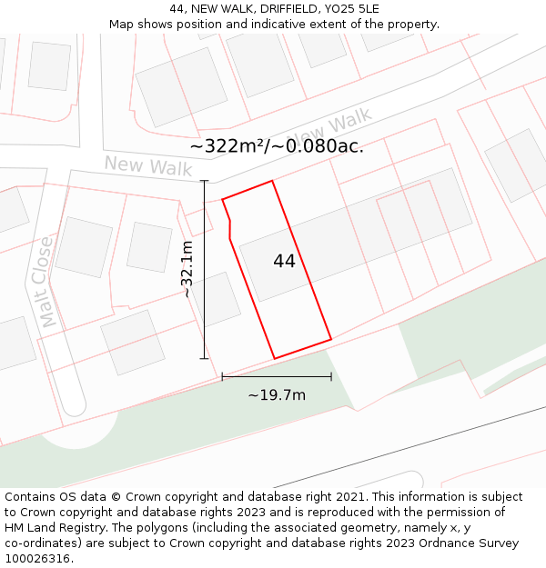 44, NEW WALK, DRIFFIELD, YO25 5LE: Plot and title map