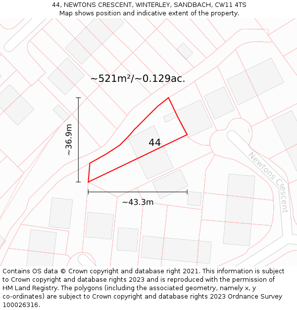 44, NEWTONS CRESCENT, WINTERLEY, SANDBACH, CW11 4TS: Plot and title map