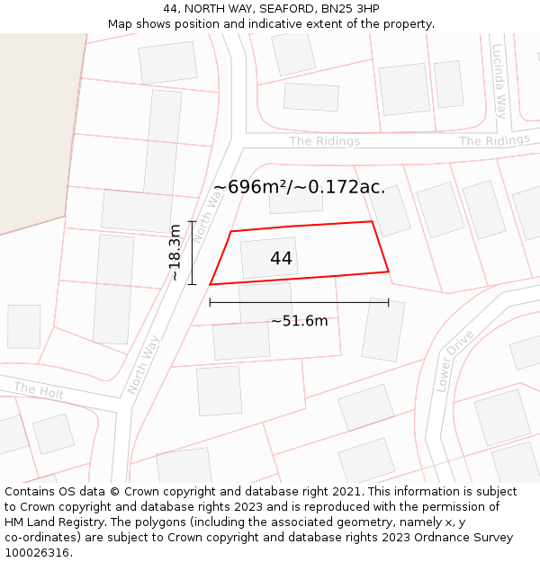 44, NORTH WAY, SEAFORD, BN25 3HP: Plot and title map