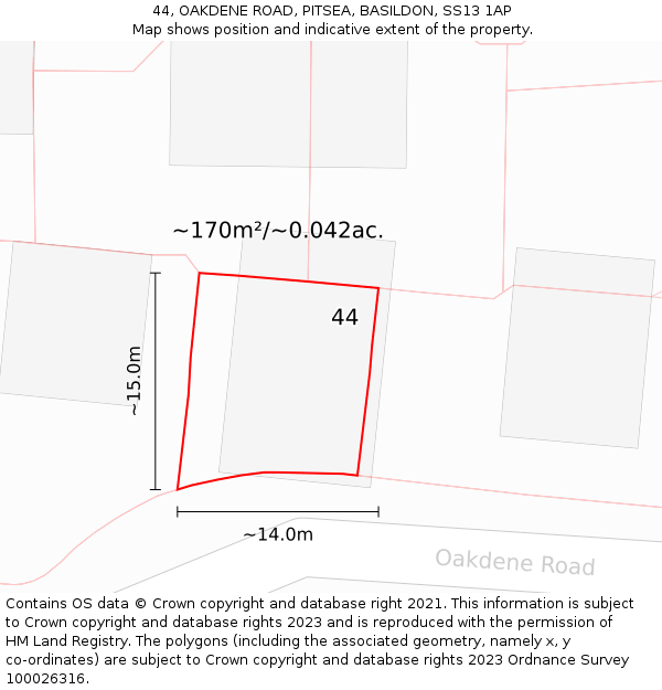 44, OAKDENE ROAD, PITSEA, BASILDON, SS13 1AP: Plot and title map
