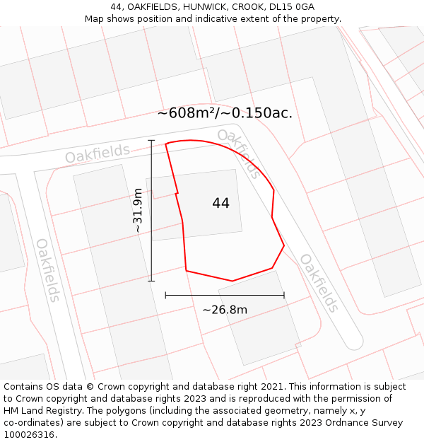 44, OAKFIELDS, HUNWICK, CROOK, DL15 0GA: Plot and title map