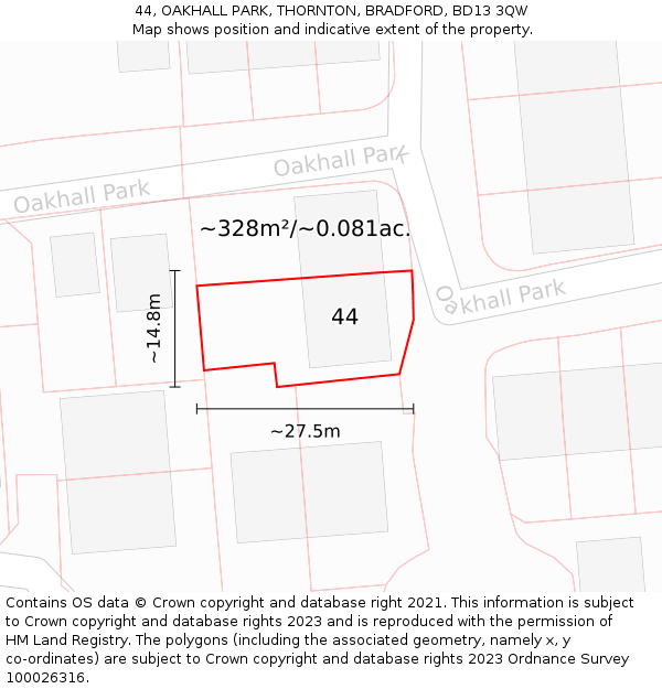 44, OAKHALL PARK, THORNTON, BRADFORD, BD13 3QW: Plot and title map