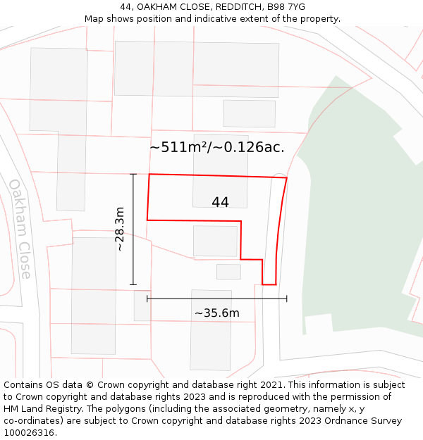 44, OAKHAM CLOSE, REDDITCH, B98 7YG: Plot and title map