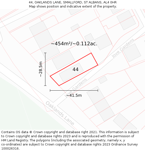 44, OAKLANDS LANE, SMALLFORD, ST ALBANS, AL4 0HR: Plot and title map