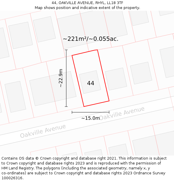 44, OAKVILLE AVENUE, RHYL, LL18 3TF: Plot and title map