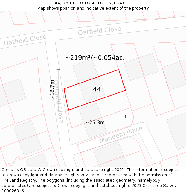 44, OATFIELD CLOSE, LUTON, LU4 0UH: Plot and title map