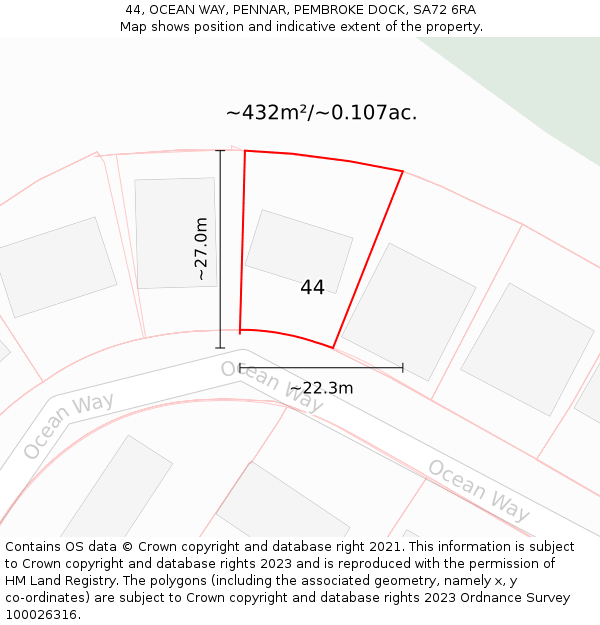 44, OCEAN WAY, PENNAR, PEMBROKE DOCK, SA72 6RA: Plot and title map