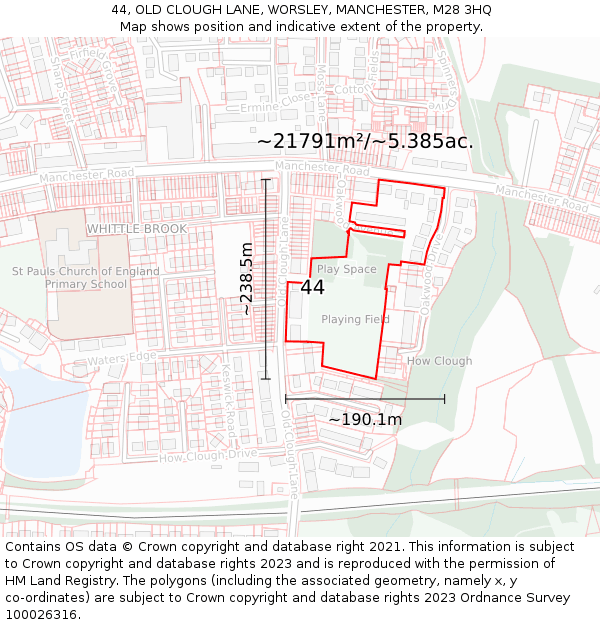44, OLD CLOUGH LANE, WORSLEY, MANCHESTER, M28 3HQ: Plot and title map