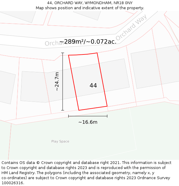 44, ORCHARD WAY, WYMONDHAM, NR18 0NY: Plot and title map