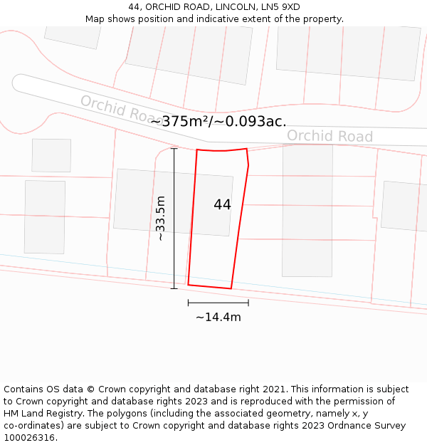 44, ORCHID ROAD, LINCOLN, LN5 9XD: Plot and title map
