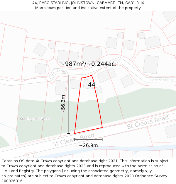 44, PARC STARLING, JOHNSTOWN, CARMARTHEN, SA31 3HX: Plot and title map