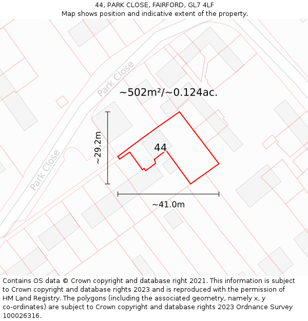 44, PARK CLOSE, FAIRFORD, GL7 4LF: Plot and title map