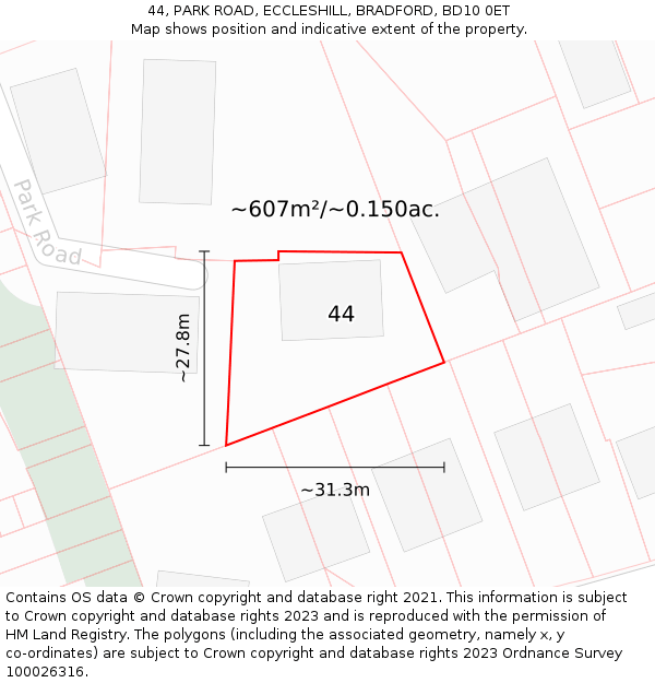 44, PARK ROAD, ECCLESHILL, BRADFORD, BD10 0ET: Plot and title map
