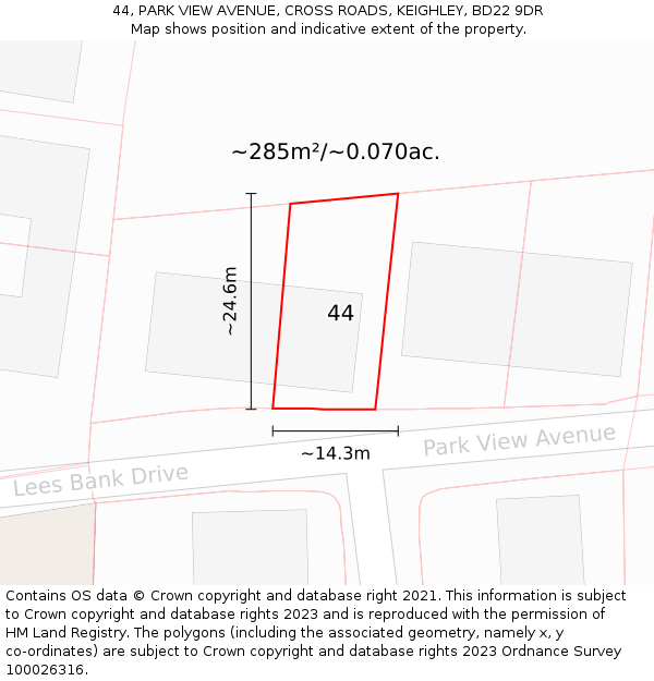 44, PARK VIEW AVENUE, CROSS ROADS, KEIGHLEY, BD22 9DR: Plot and title map