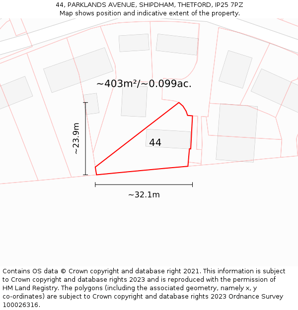 44, PARKLANDS AVENUE, SHIPDHAM, THETFORD, IP25 7PZ: Plot and title map