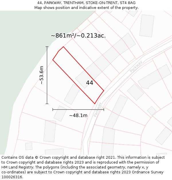 44, PARKWAY, TRENTHAM, STOKE-ON-TRENT, ST4 8AG: Plot and title map