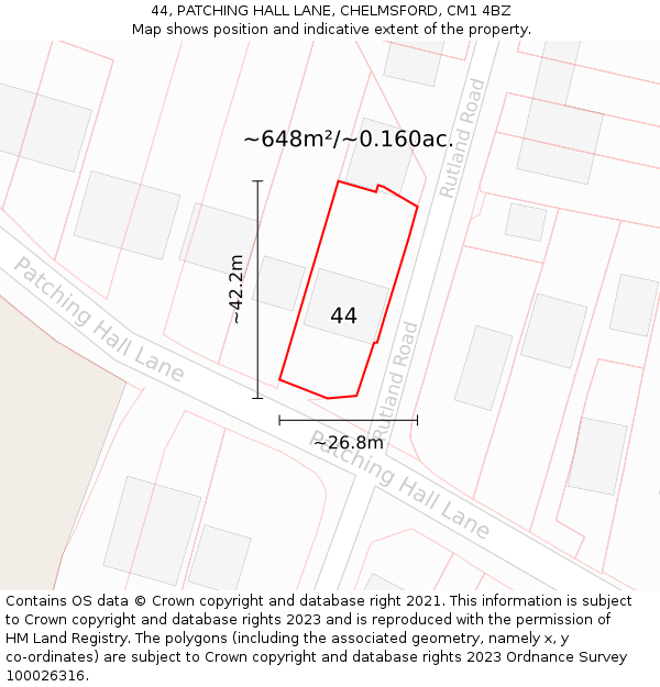 44, PATCHING HALL LANE, CHELMSFORD, CM1 4BZ: Plot and title map