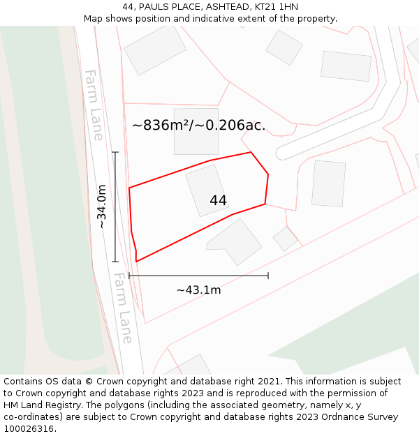 44, PAULS PLACE, ASHTEAD, KT21 1HN: Plot and title map