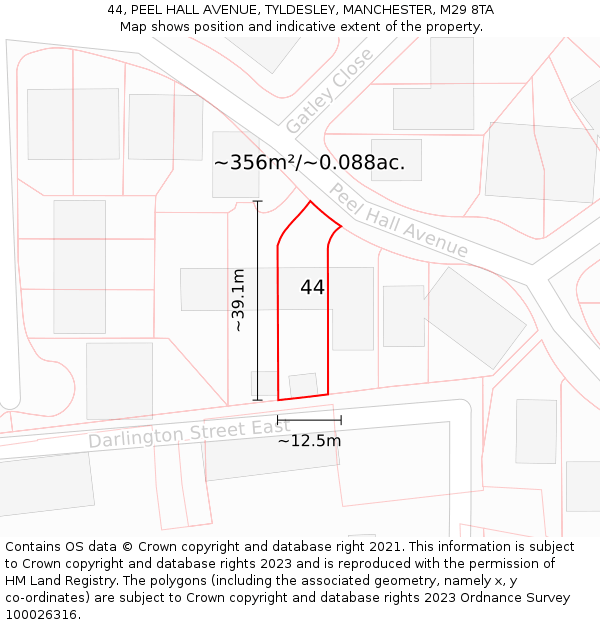 44, PEEL HALL AVENUE, TYLDESLEY, MANCHESTER, M29 8TA: Plot and title map