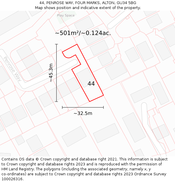44, PENROSE WAY, FOUR MARKS, ALTON, GU34 5BG: Plot and title map