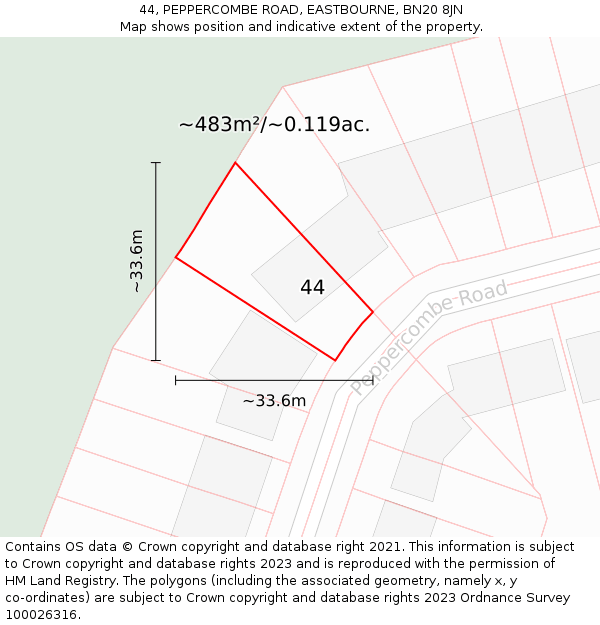 44, PEPPERCOMBE ROAD, EASTBOURNE, BN20 8JN: Plot and title map