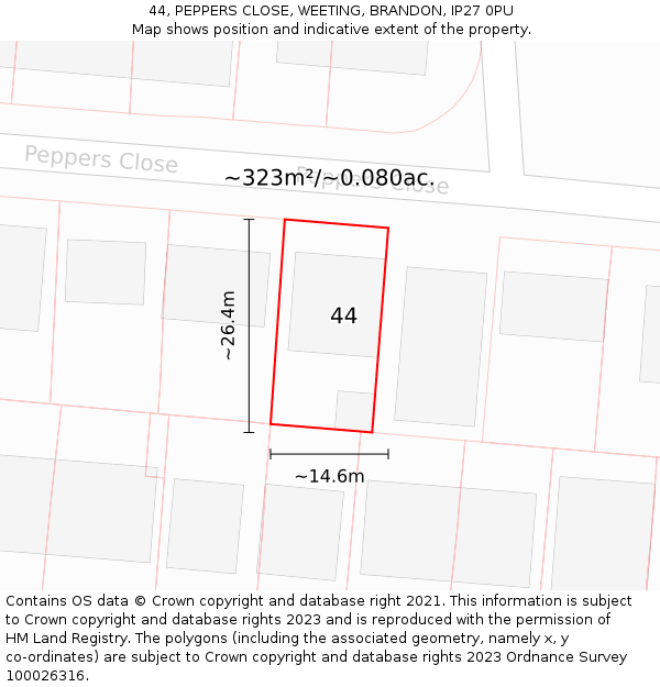 44, PEPPERS CLOSE, WEETING, BRANDON, IP27 0PU: Plot and title map