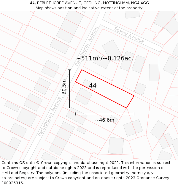 44, PERLETHORPE AVENUE, GEDLING, NOTTINGHAM, NG4 4GG: Plot and title map