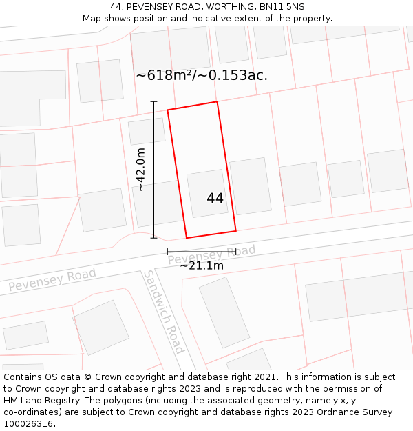 44, PEVENSEY ROAD, WORTHING, BN11 5NS: Plot and title map