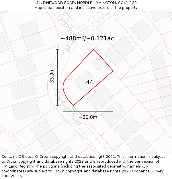 44, PINEWOOD ROAD, HORDLE, LYMINGTON, SO41 0GP: Plot and title map