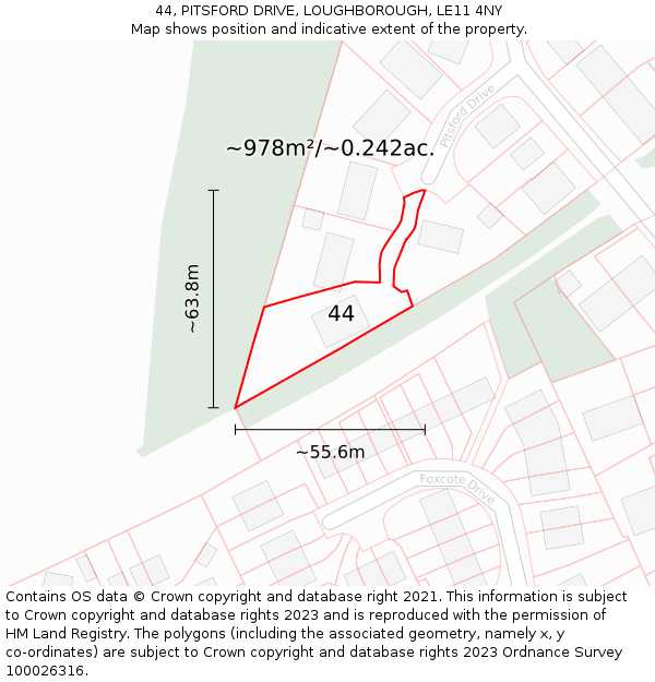 44, PITSFORD DRIVE, LOUGHBOROUGH, LE11 4NY: Plot and title map