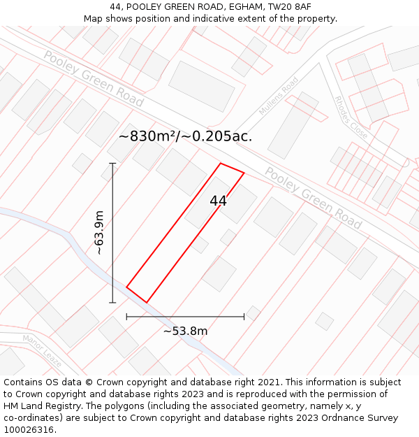 44, POOLEY GREEN ROAD, EGHAM, TW20 8AF: Plot and title map