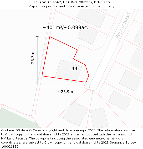 44, POPLAR ROAD, HEALING, GRIMSBY, DN41 7RD: Plot and title map