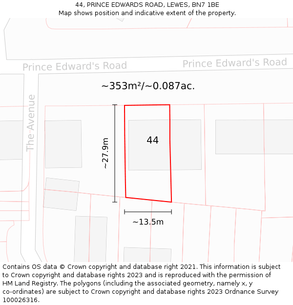 44, PRINCE EDWARDS ROAD, LEWES, BN7 1BE: Plot and title map