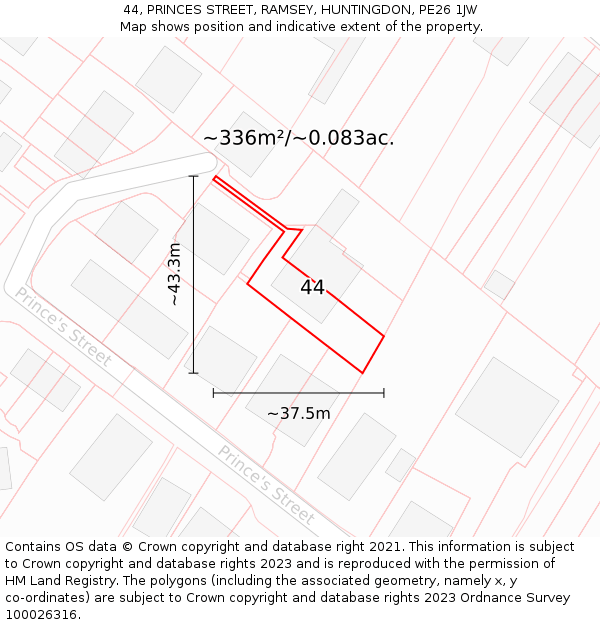 44, PRINCES STREET, RAMSEY, HUNTINGDON, PE26 1JW: Plot and title map