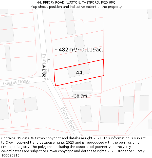 44, PRIORY ROAD, WATTON, THETFORD, IP25 6PQ: Plot and title map