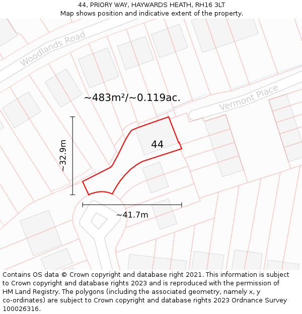 44, PRIORY WAY, HAYWARDS HEATH, RH16 3LT: Plot and title map