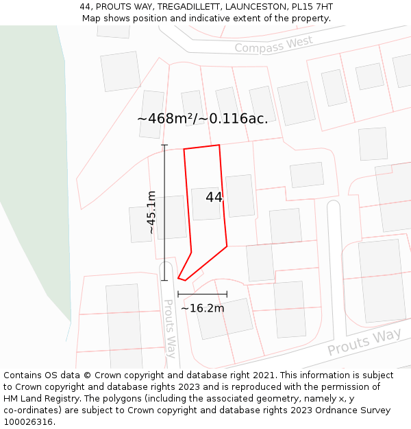 44, PROUTS WAY, TREGADILLETT, LAUNCESTON, PL15 7HT: Plot and title map