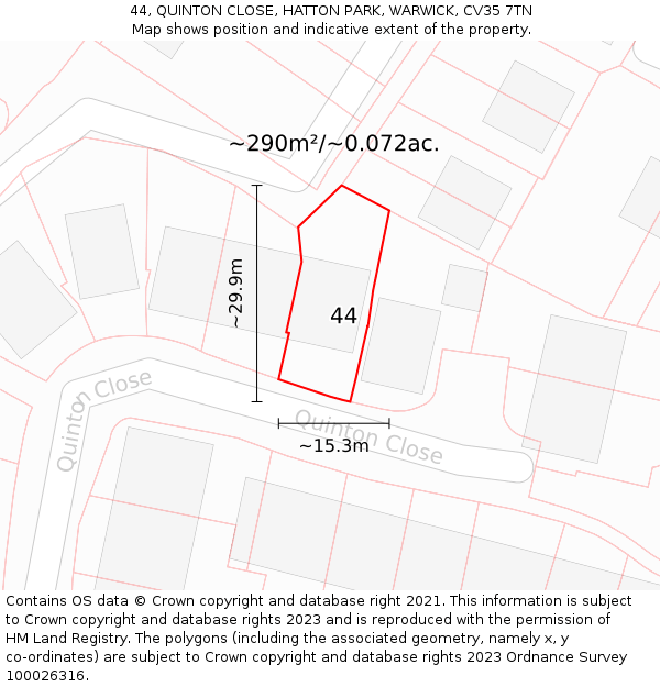 44, QUINTON CLOSE, HATTON PARK, WARWICK, CV35 7TN: Plot and title map