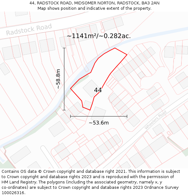 44, RADSTOCK ROAD, MIDSOMER NORTON, RADSTOCK, BA3 2AN: Plot and title map