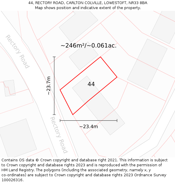 44, RECTORY ROAD, CARLTON COLVILLE, LOWESTOFT, NR33 8BA: Plot and title map