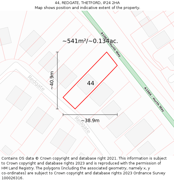 44, REDGATE, THETFORD, IP24 2HA: Plot and title map