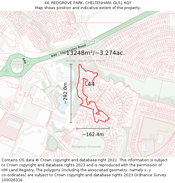 44, REDGROVE PARK, CHELTENHAM, GL51 6QY: Plot and title map