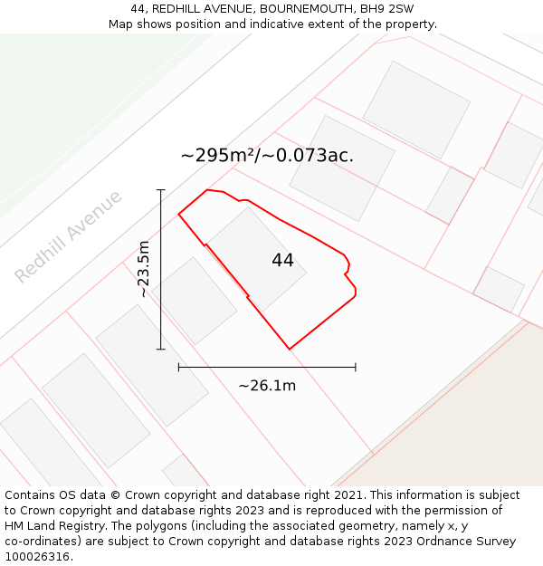 44, REDHILL AVENUE, BOURNEMOUTH, BH9 2SW: Plot and title map