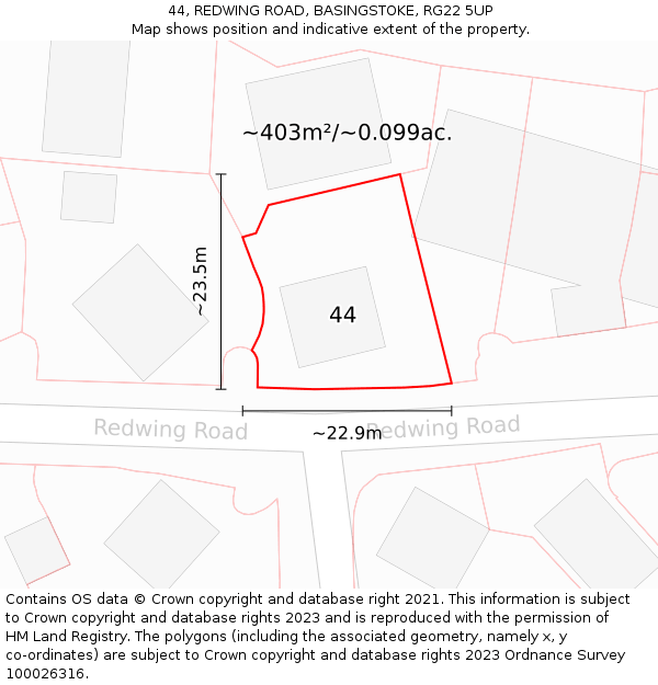 44, REDWING ROAD, BASINGSTOKE, RG22 5UP: Plot and title map